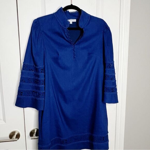 Cartolina Nantucket Sarah Dress Blue Linen Embroidered Size XS - Picture 7 of 16